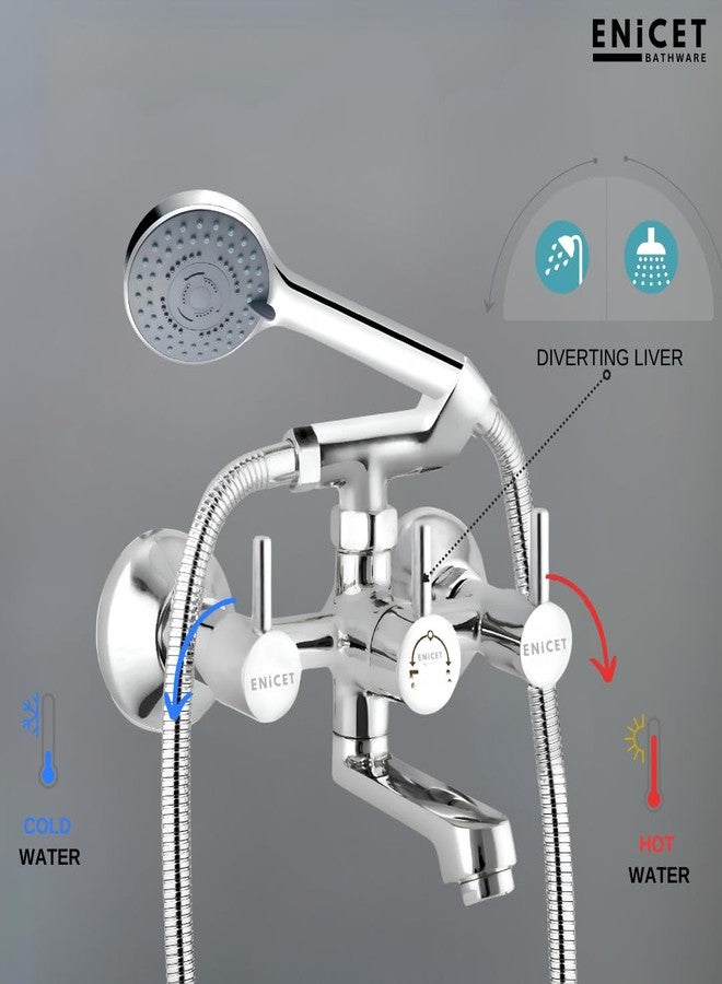 ENICET خلاط حائط نحاسي من إينيسيت مع دش يدوي بخمس وظائف، خلاط حائط هاتفي للحمام، أنبوب بطول 1.5 متر، تشطيب كروم، صنبور خلاط للحمام (FE123HS) - Image 4